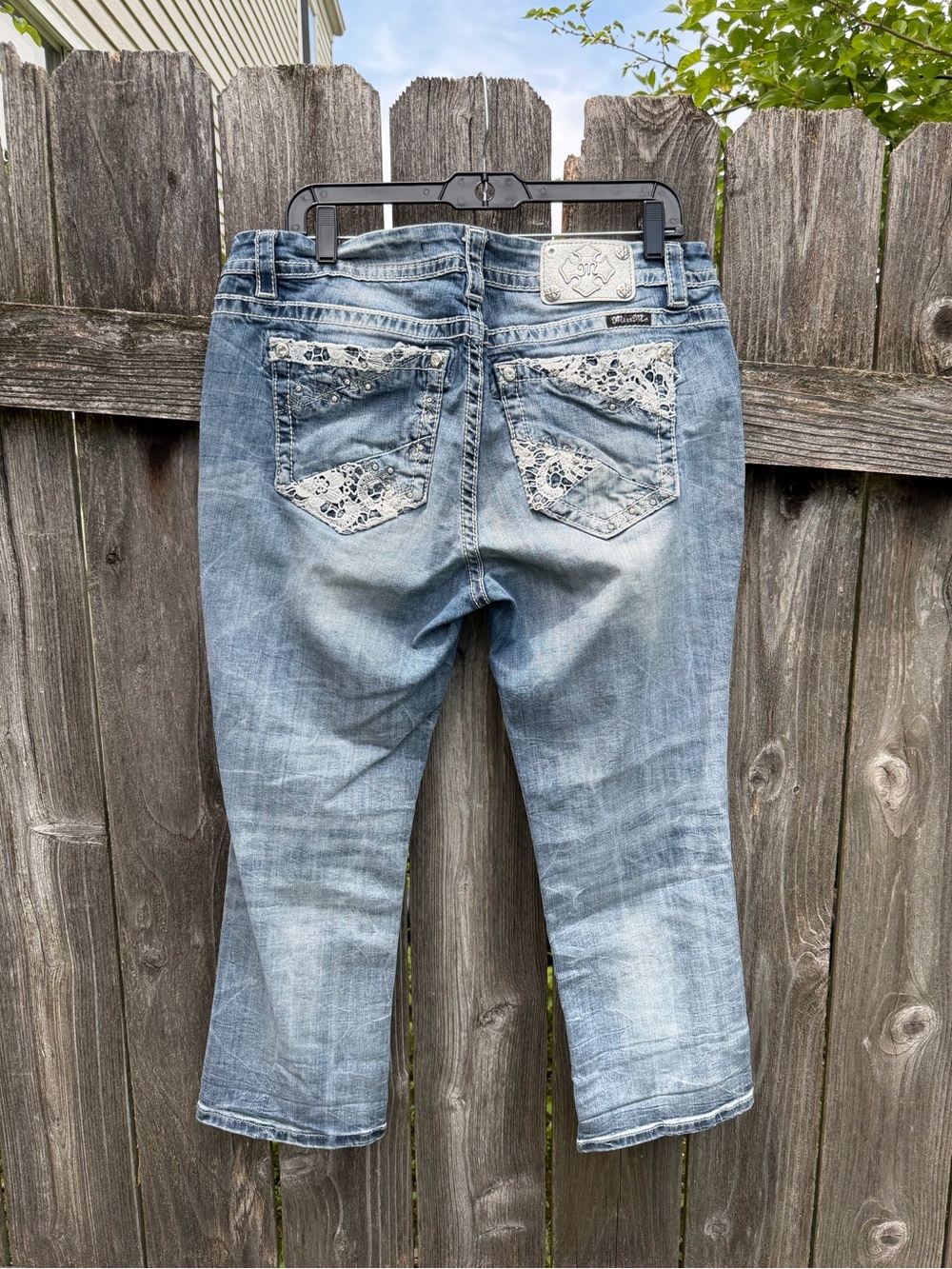 Miss Me Light Blue Cropped Jeans with Lace Back Pockets